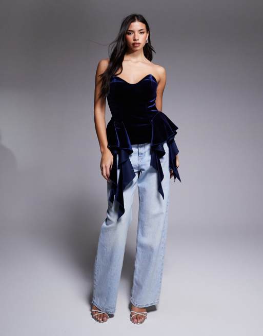 ASOS LUXE - Marineblå bandeau-top med struktur og peplum-kant i velour, 3 af 4
