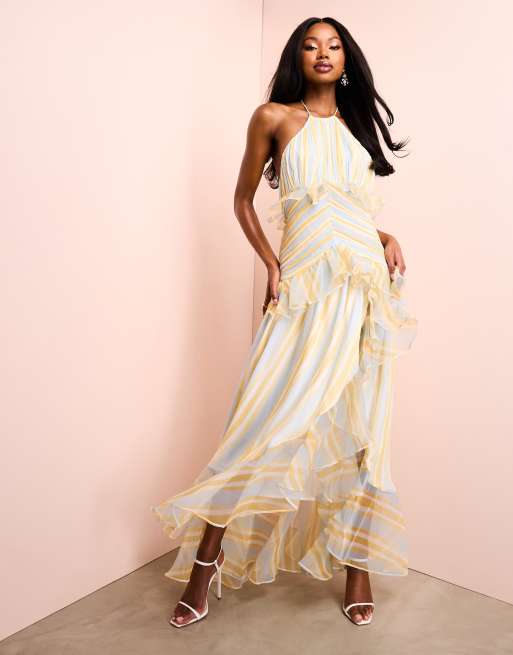 ASOS Luxe – Marszczona sukienka maxi z dekoltem typu halter z organzy w paski