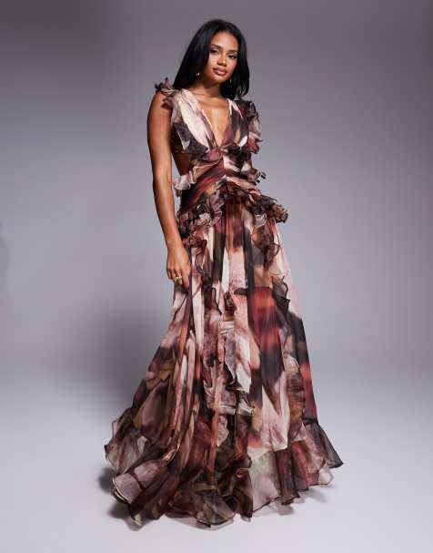 ASOS LUXE plunge maxi dress with ruched chiffon detail & open back in brown floral