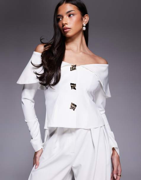 ASOS LUXE off shoulder blazer with gold hardware co-ord in ivory