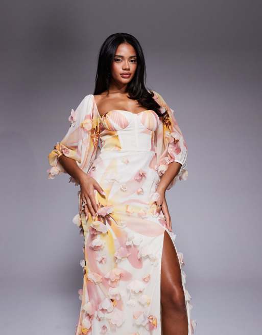 ASOS LUXE - Maxi jurk met 3D bloemen en bloemenprint, 3 van 4