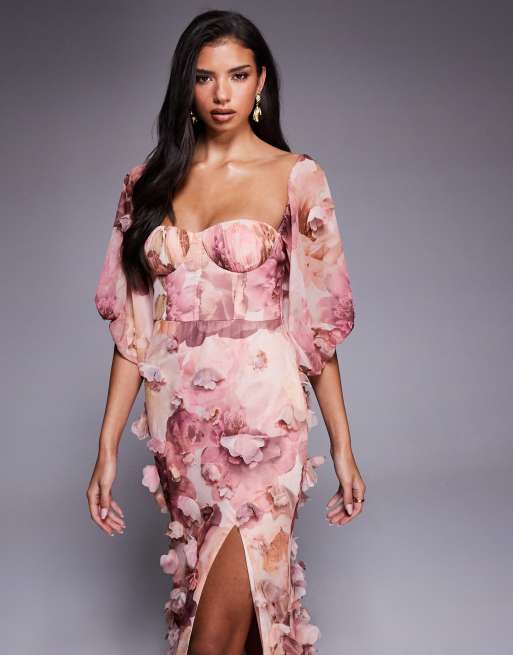 ASOS LUXE - Maxi-jurk met 3D-bloemen en roze bloemenprint, 2 van 4