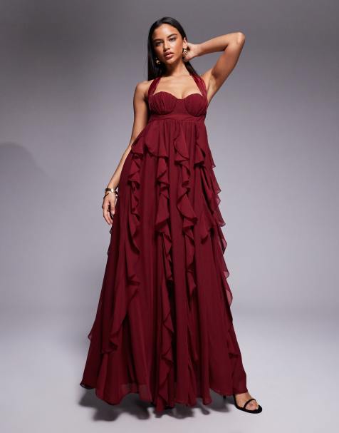ASOS LUXE - Maxi-jurk met halternek en waterval-ruches in bessenkleur - view 1