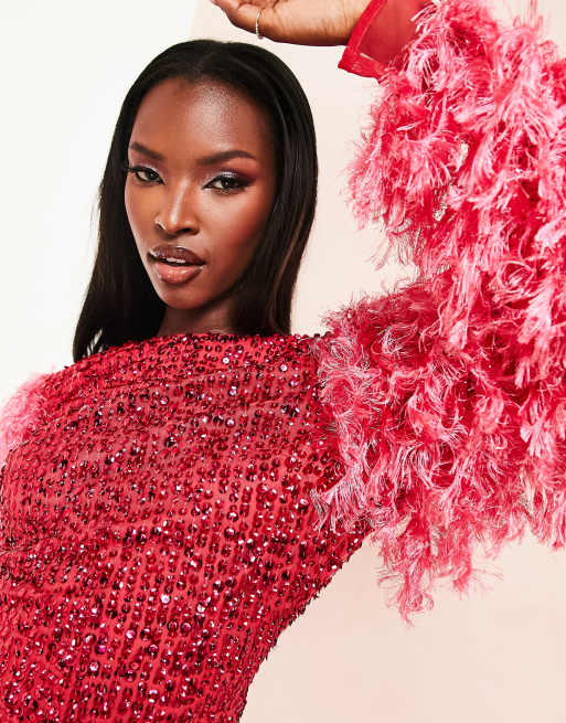 ASOS LUXE - Maxi-jurk met versiering en mouwen met imitatieveren in rood, 3 van 4