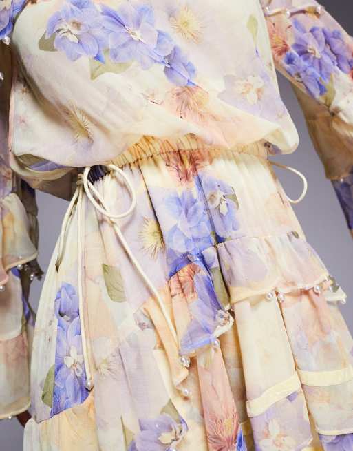 ASOS LUXE - Maxi-jurk van chiffon met parelversiering en bloemenprint in geel, 4 van 4