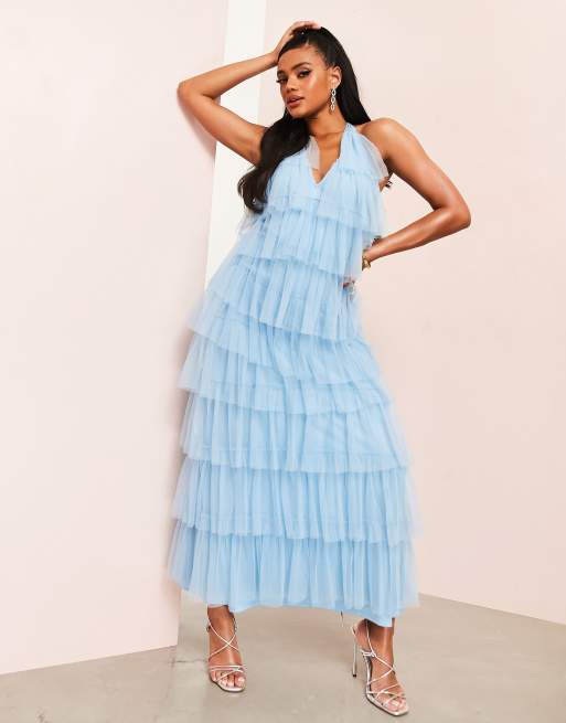 ASOS LUXE - Maxi-jurk van tule met ruches in blauw | ASOS