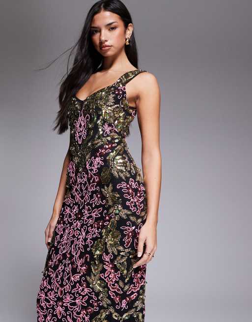 ASOS LUXE - Maxi-jurk versierd met kralen in zwart en goud, 3 van 4
