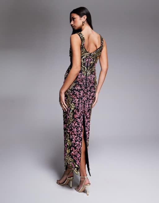 ASOS LUXE - Maxi-jurk versierd met kralen in zwart en goud, 4 van 4