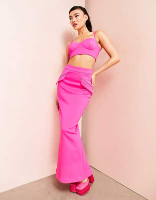 ASOS LUXE maxi skirt with diamante pocket detail in hot pink - part of a set