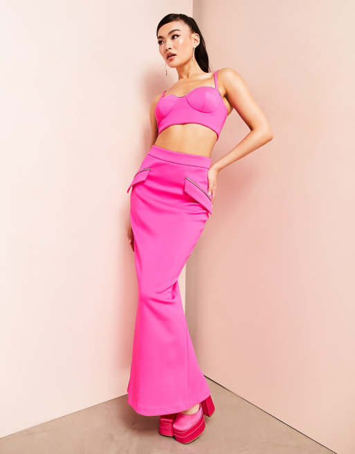 ASOS LUXE maxi skirt with diamante pocket detail in hot pink