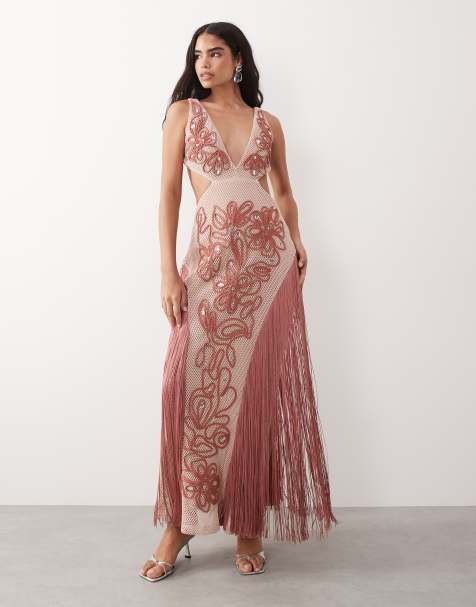 ASOS LUXE - Maxi strandjurk met versiering en roze franjes - view 1