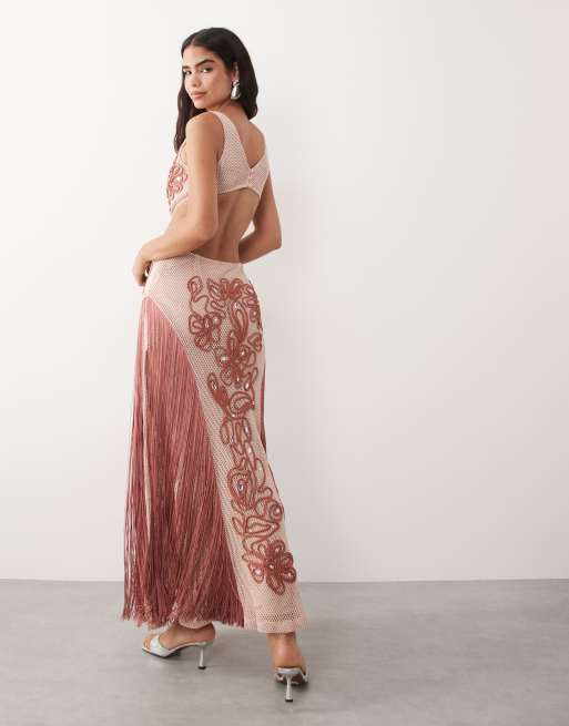 ASOS LUXE - Maxi strandjurk met versiering en roze franjes, 3 van 4