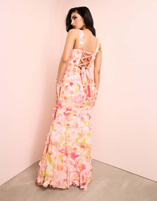 ASOS Luxe - Maxikjole med flæser og bindebånd bagpå i 3D-blomstermønster, 3 af 4