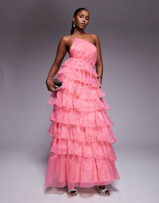 ASOS LUXE - Maxikleid aus Organza in Rosa mit asymmetrischem Rüschen-Design
