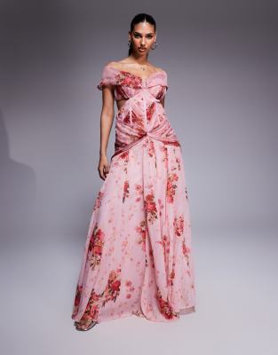ASOS LUXE - Maxikleid aus Organza und Chiffon mit Blumenprint-Rosa
