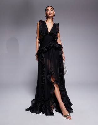 ASOS LUXE - Maxikleid in Schwarz mit tiefem Ausschnitt, gerafftem Chiffondetail und Rückenausschnitt