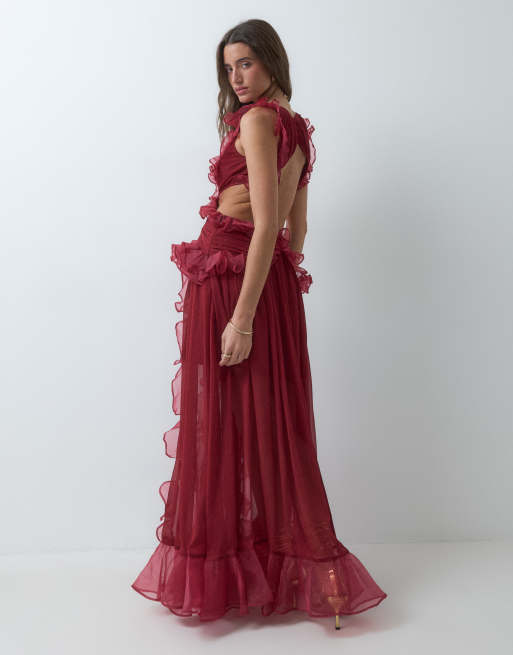 ASOS LUXE – Maxikleid in Weinrot mit tiefem Ausschnitt, gerafftem Chiffondetail und Rückenausschnitt, 5 von 5