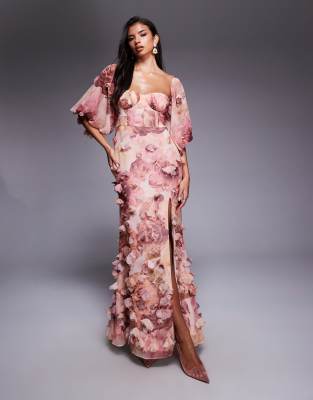 ASOS LUXE - Maxikleid mit 3D-Blumenmuster in Rosa-Bunt