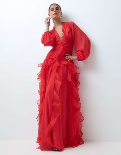 ASOS LUXE Maxikleid mit Raffungen, langen Ärmeln und Wasserfall-Detail in Rot - view 1