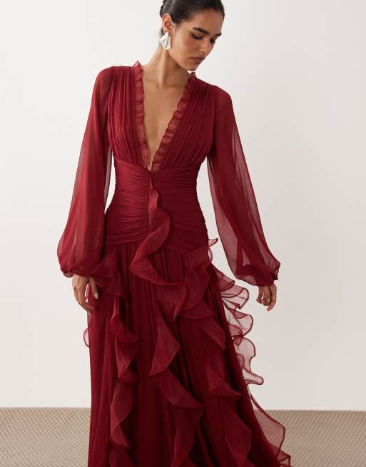 ASOS LUXE Maxikleid mit Raffungen, langen Ärmeln und Wasserfalleffekt in Burgunderrot, 2 von 4