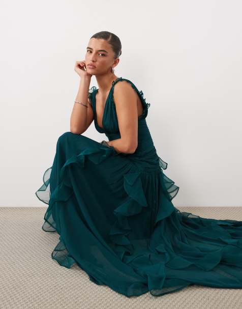 ASOS LUXE maxikleid mit Raffungen und Wasserfalldetail in Dunkelgrün - view 1