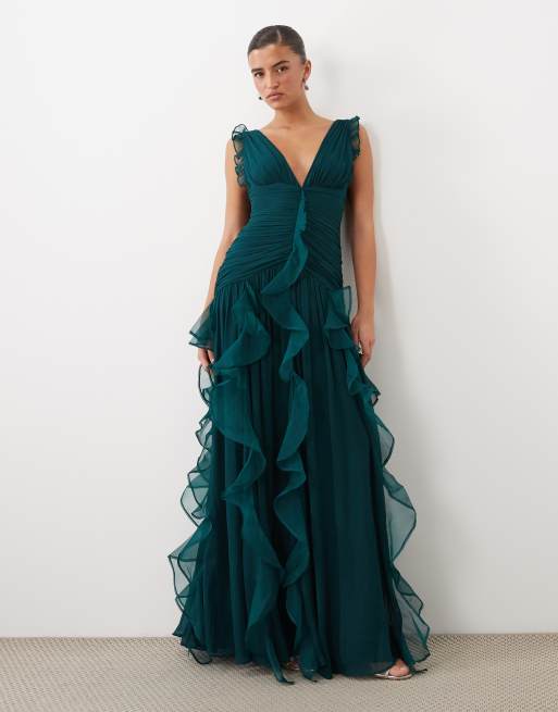 ASOS LUXE maxikleid mit Raffungen und Wasserfalldetail in Dunkelgrün, 2 von 4