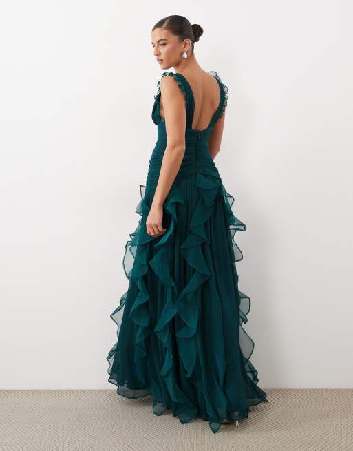 ASOS LUXE maxikleid mit Raffungen und Wasserfalldetail in Dunkelgrün, 4 von 4
