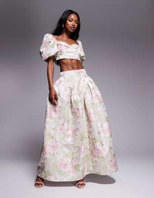 ASOS LUXE - Maxirock mit Jacquard-Tulpenmuster und Schleife hinten, Kombiteil-Bunt