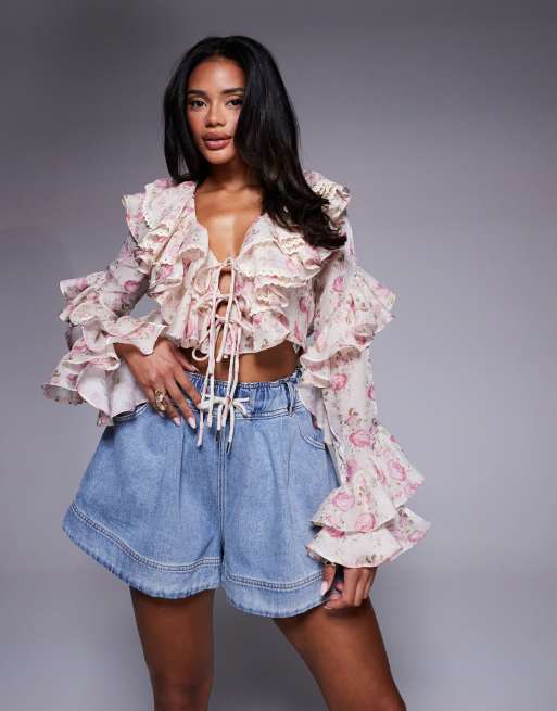 ASOS LUXE – Mellanblå utsvängda shorts med hög midja och hjärtformad ficka, 4 av 5