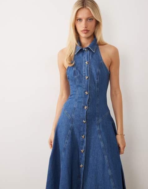 ASOS LUXE – Mellanblå, veckad midiklänning i denim med hjärtformade knappar - view 1