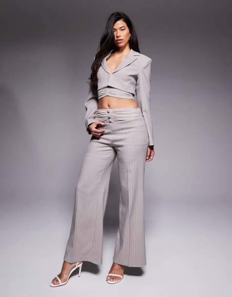 ASOS LUXE mesh detail cropped blazer and pants set in grey pinstripe - view 1