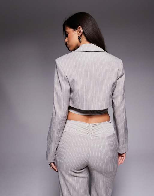 ASOS LUXE mesh detail cropped blazer in gray pinstripe - part of a set, 4 of 4