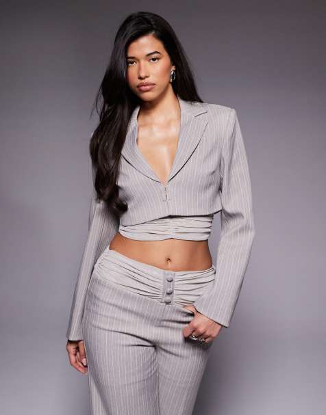 ASOS LUXE mesh detail cropped blazer in grey pinstripe (part of a set) - view 1