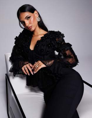 mesh floral off the shoulder long sleeve top with velvet flowers and pearl embellishment in black