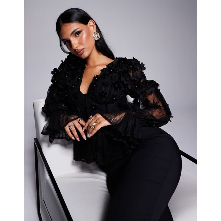 ASOS LUXE mesh floral off the shoulder long sleeve top with velvet