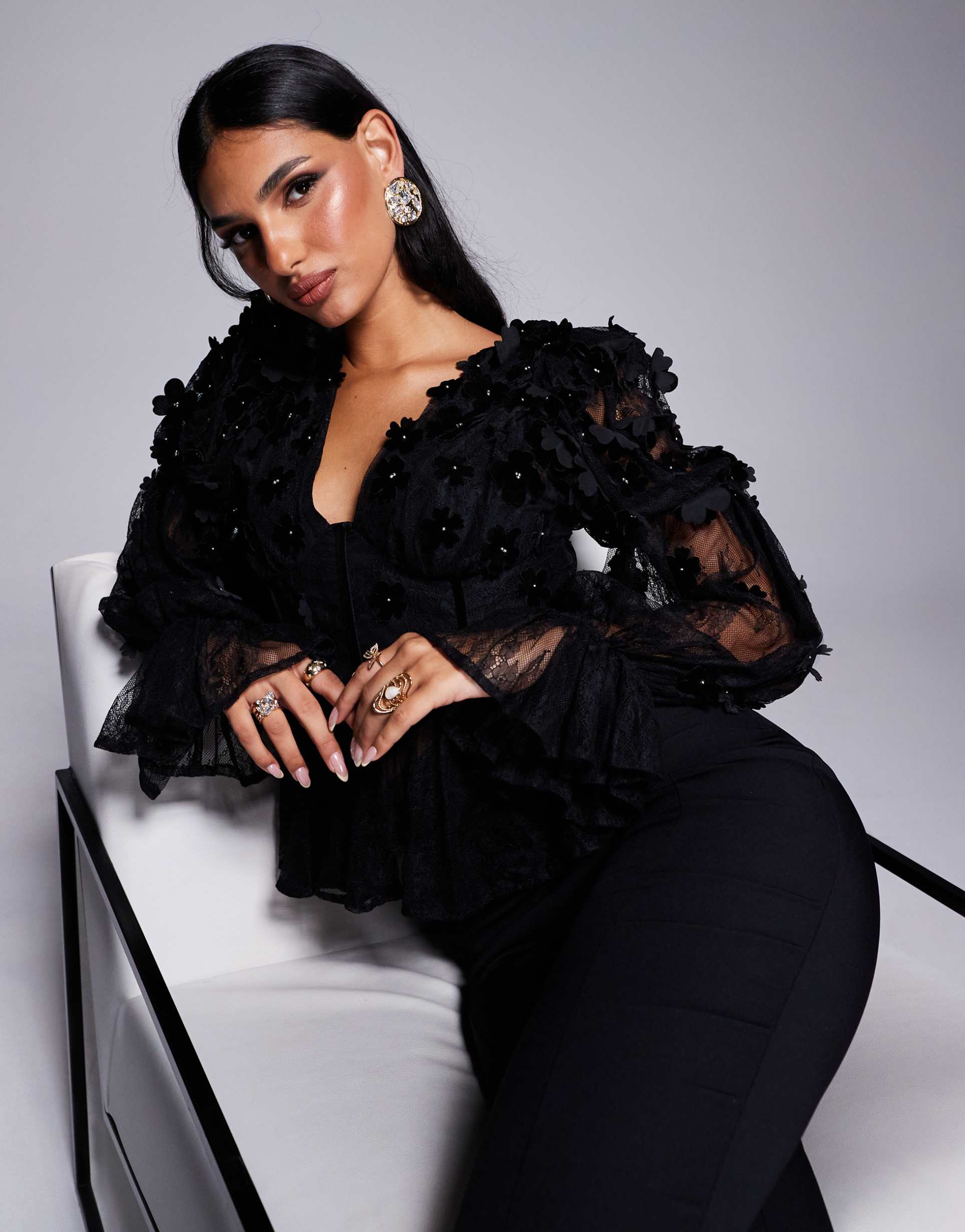 asos luxe mesh floral off the shoulder long sleeve top with velvet flowers and pearl embellishment in black