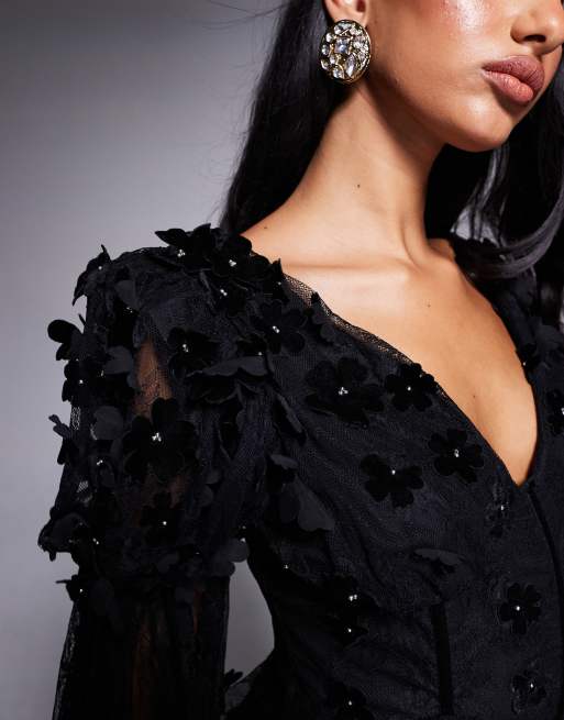 Ruffled Pearls Black Velvet Dress