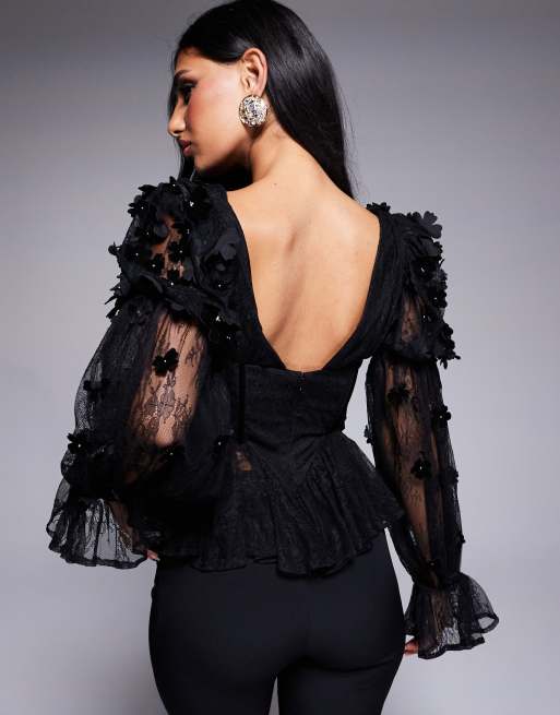 Ruffled Pearls Black Velvet Dress