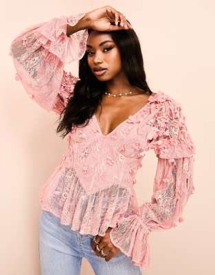 mesh long sleeved top with velvet flowers and pearl embellishment in pink