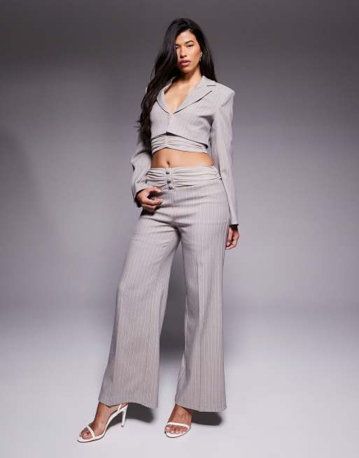 ASOS LUXE mesh detail cropped blazer and pants set in gray pinstripe, 3 of 3