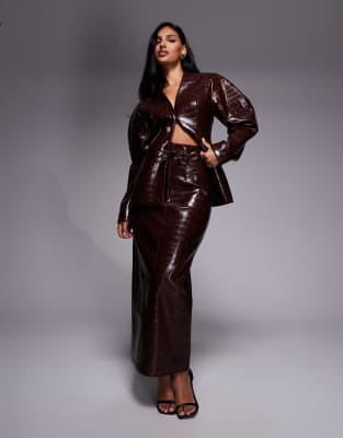 ASOS LUXE - Midi-Bleistiftrock in Kroko-Schokobraun, Kombiteil-Brown