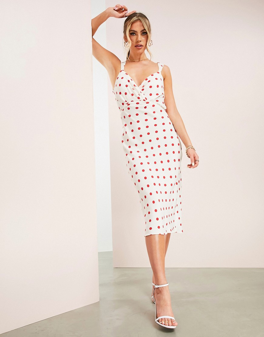 ASOS LUXE midi dress with cowl detail and tie back in spot print-Multi