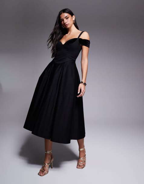 ASOS LUXE midi dress with full skirt and velvet inserts in black - view 1