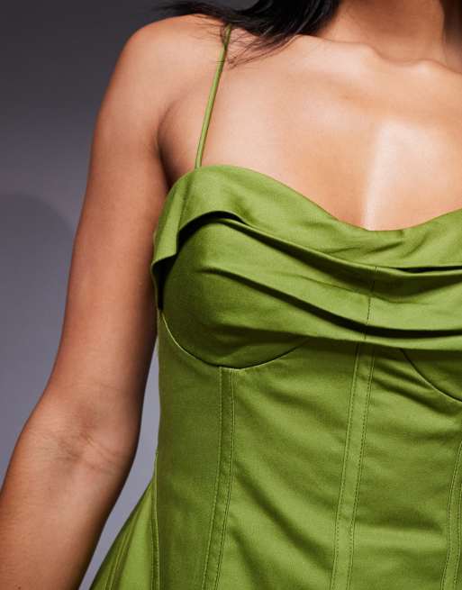 ASOS LUXE - Midi-jurk van katoenen satinet in olijfgroen, 3 van 4