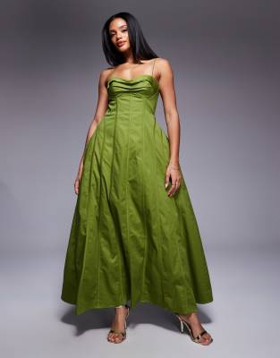 ASOS LUXE - Midikleid in Olivgrün aus Baumwoll-Satin