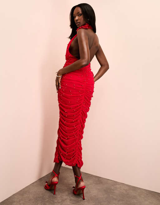 ASOS LUXE – Midikleid in Rot mit Neckholder-Träger, Ansteckblume und Perlenverzierung, 3 von 4