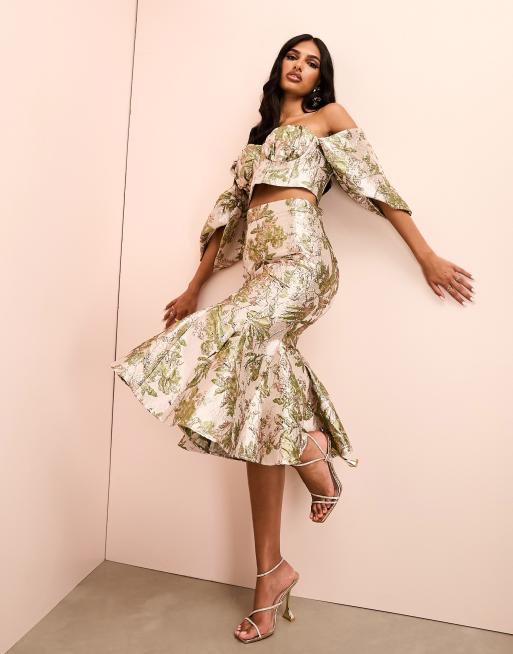 ASOS LUXE – Midirock aus Jaquard in Grün und Gold geblümt mit Godet-Detail, Kombiteil