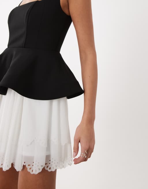 ASOS LUXE mini dress with broderie skirt in black and white, 4 of 4