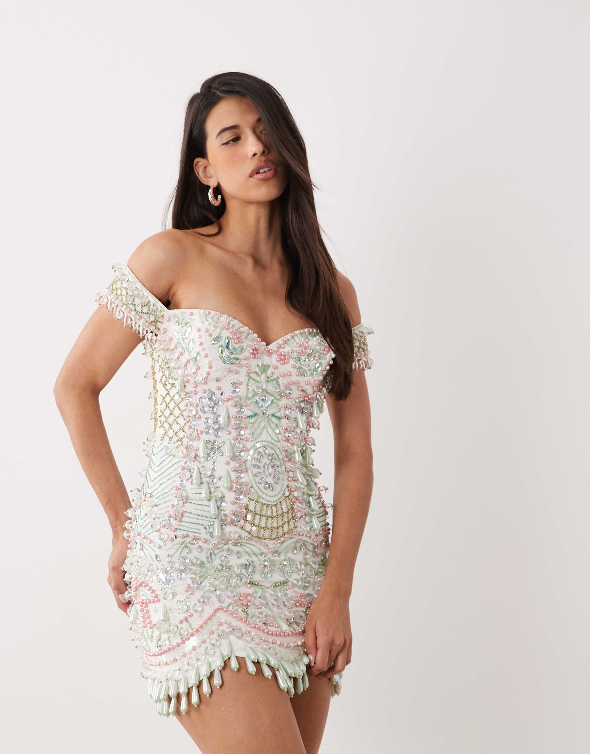 asos luxe mini dress with butterfly and heart embellishment in sage and blush