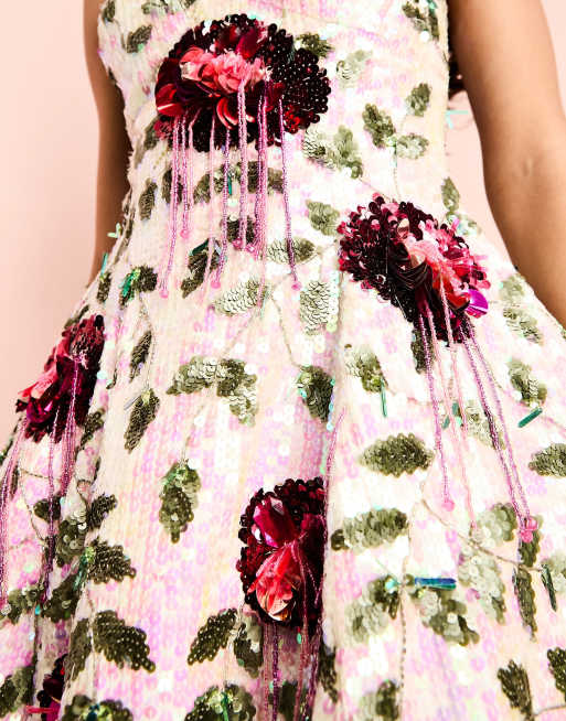 ASOS LUXE - Mini galajurk met lovertjes en versierde bloemen in multi, 3 van 4